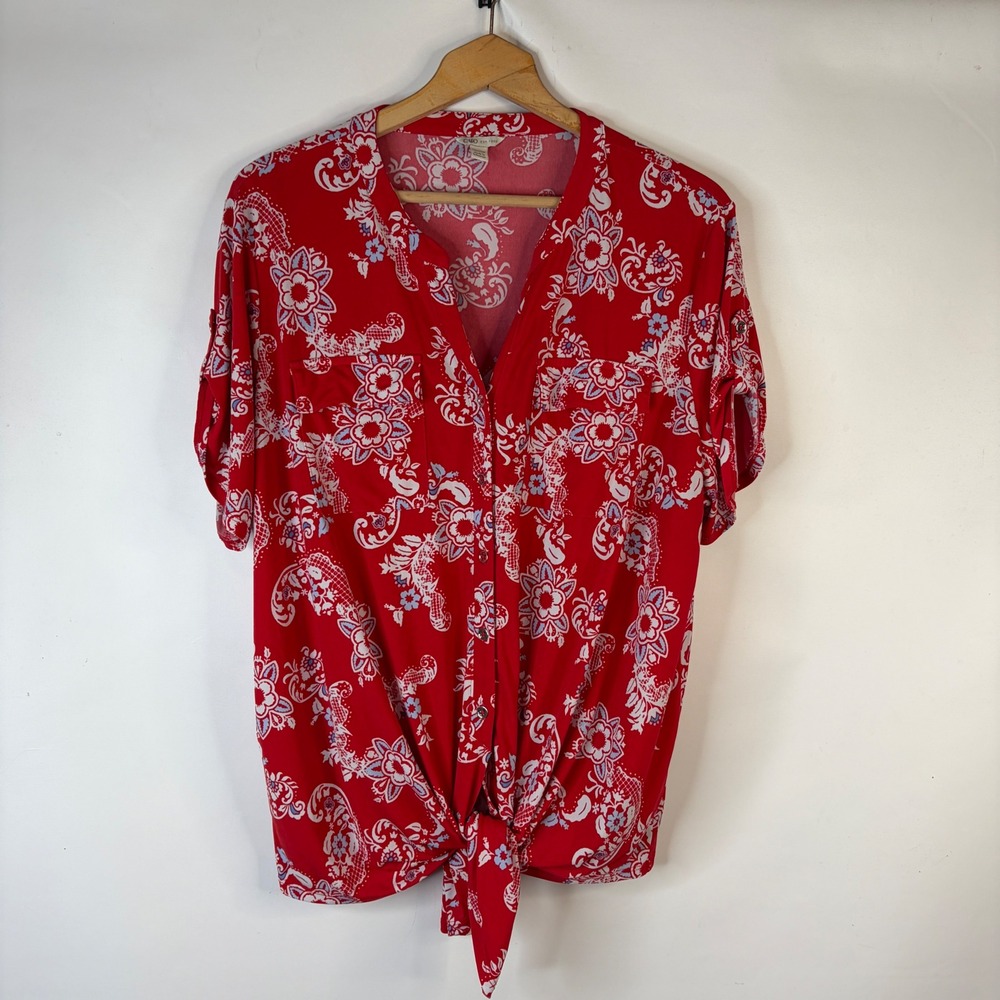 Cato Button Down Top Women 18/20W Red Paisley Floral Tie Front Short Sleeve